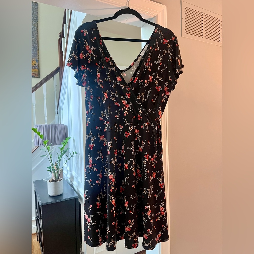 Kaileigh Black Dress with Red Floral Pattern